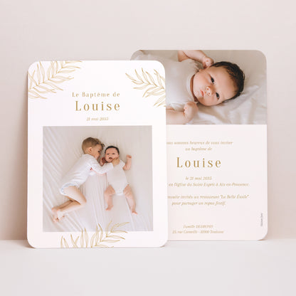 Faire-part Baptême Portrait, bords arrondis Palmes et Lumière photo N° 1