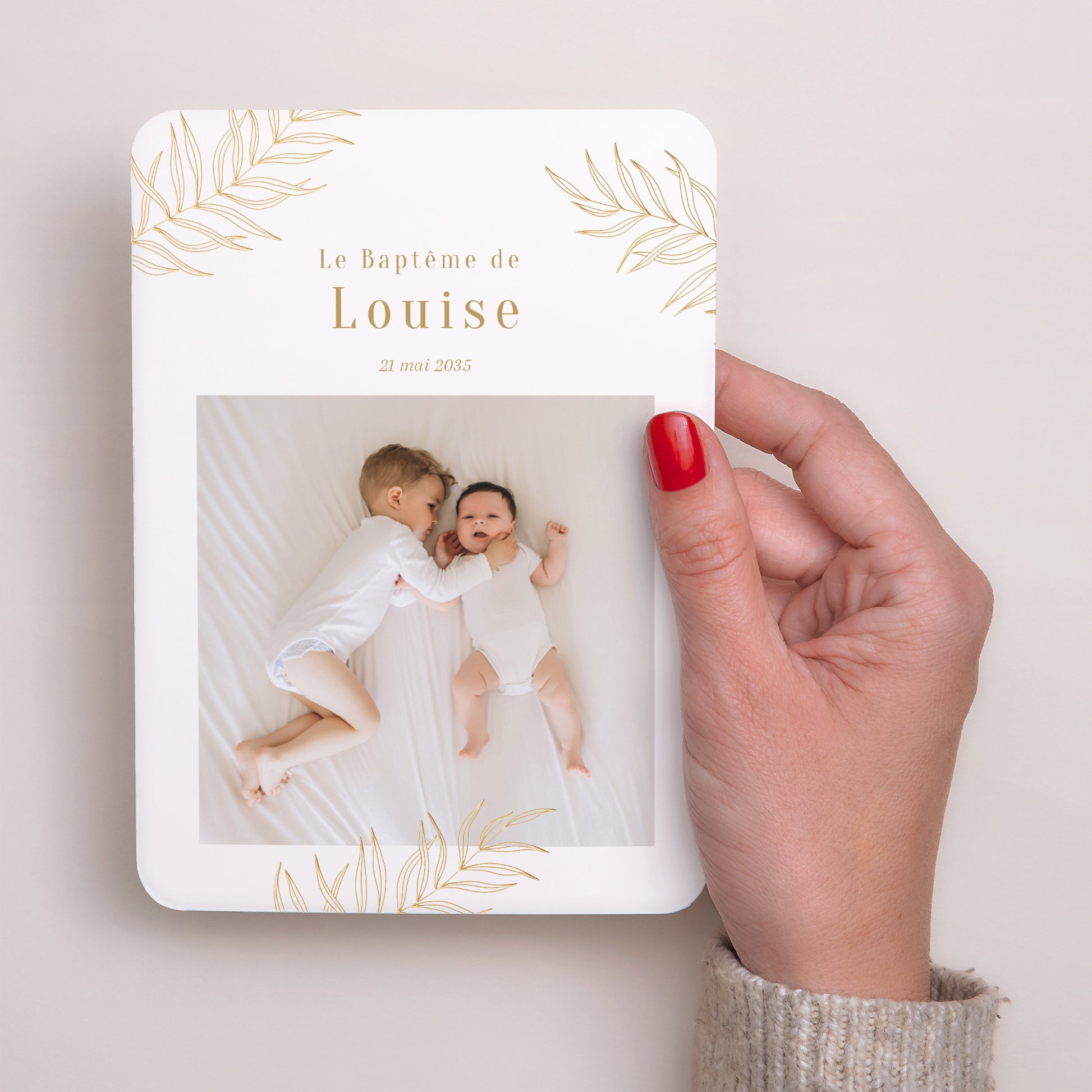 Faire-part Baptême Portrait, bords arrondis Palmes et Lumière photo N° 2