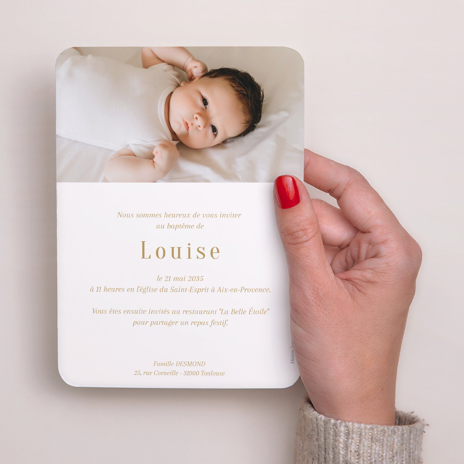 Faire-part Baptême Portrait, bords arrondis Palmes et Lumière photo N° 3