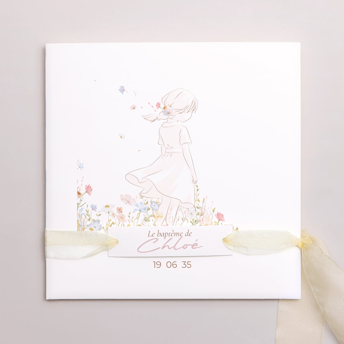 Faire-part Baptême Pochette carrée, 3 cartes, étiquette Baptême de Printemps photo N° 1