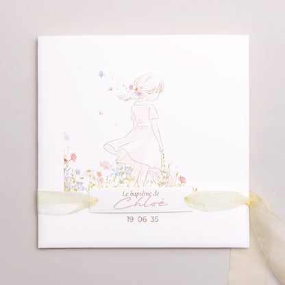 Faire-part Baptême Pochette carrée, 3 cartes, étiquette Baptême de Printemps photo N° 1