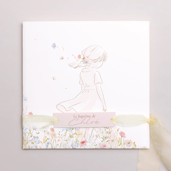 Faire-part Baptême Pochette carrée, 3 cartes, étiquette Baptême de Printemps photo