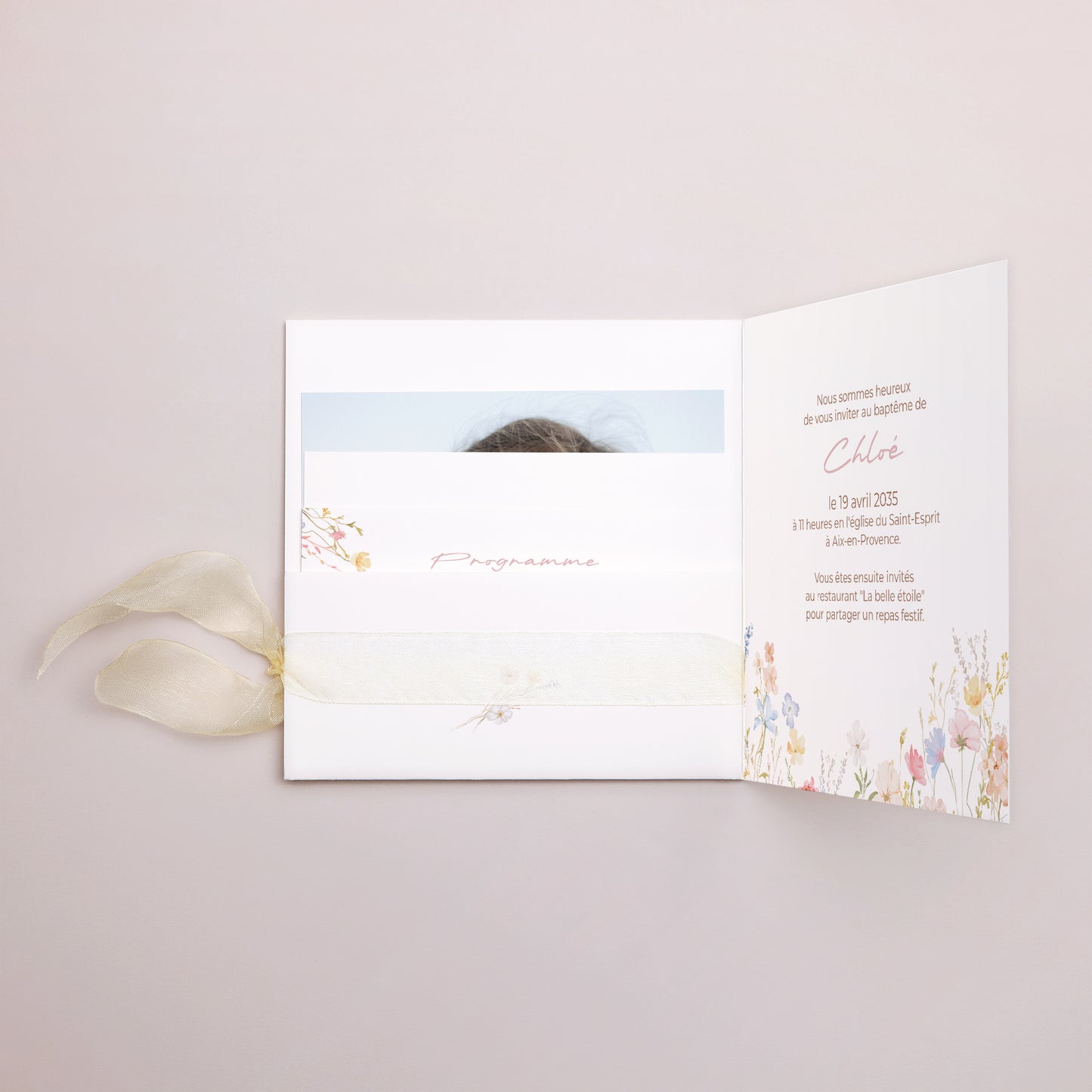 Faire-part Baptême Pochette carrée, 3 cartes, étiquette Baptême de Printemps photo N° 2