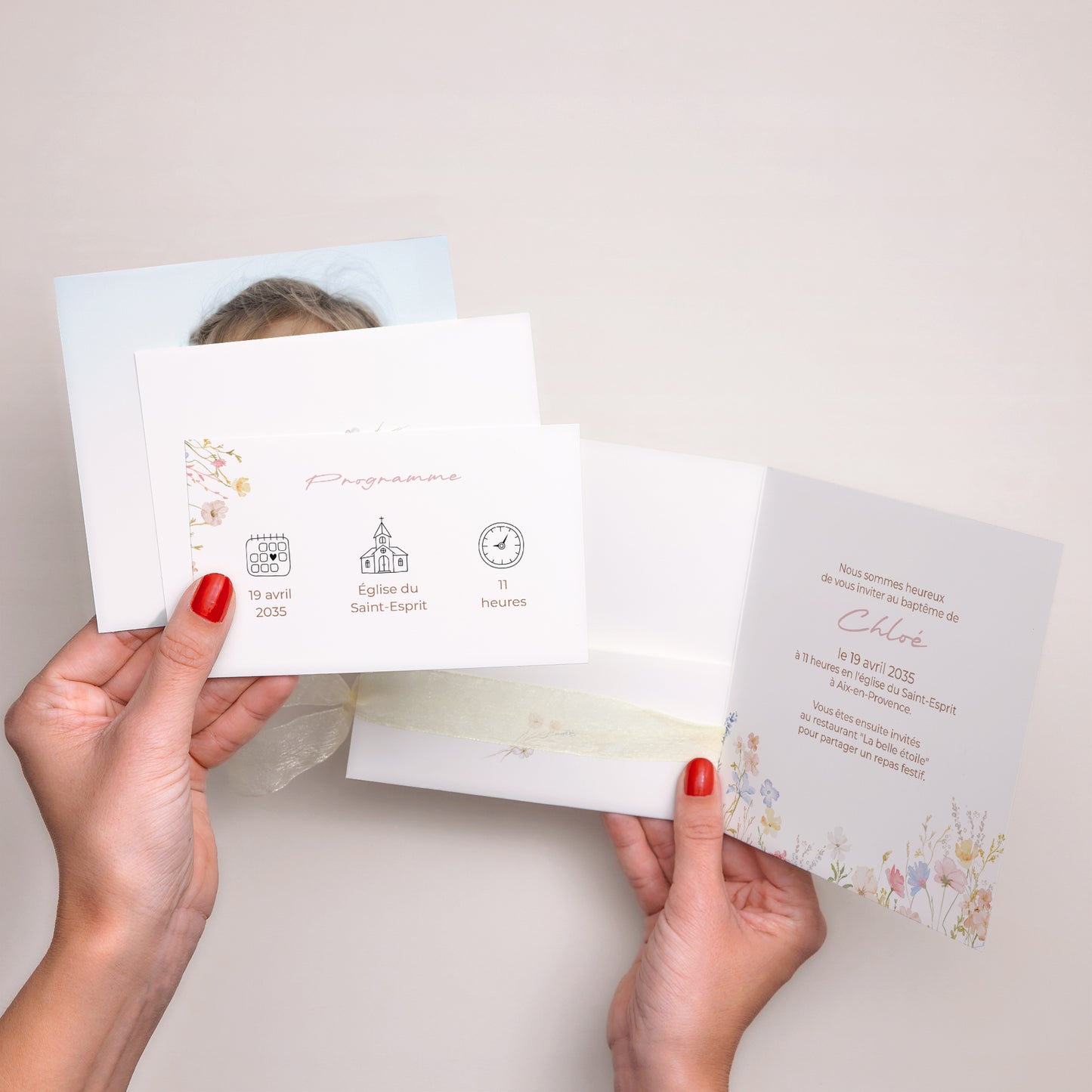 Faire-part Baptême Pochette carrée, 3 cartes, étiquette Baptême de Printemps photo N° 3