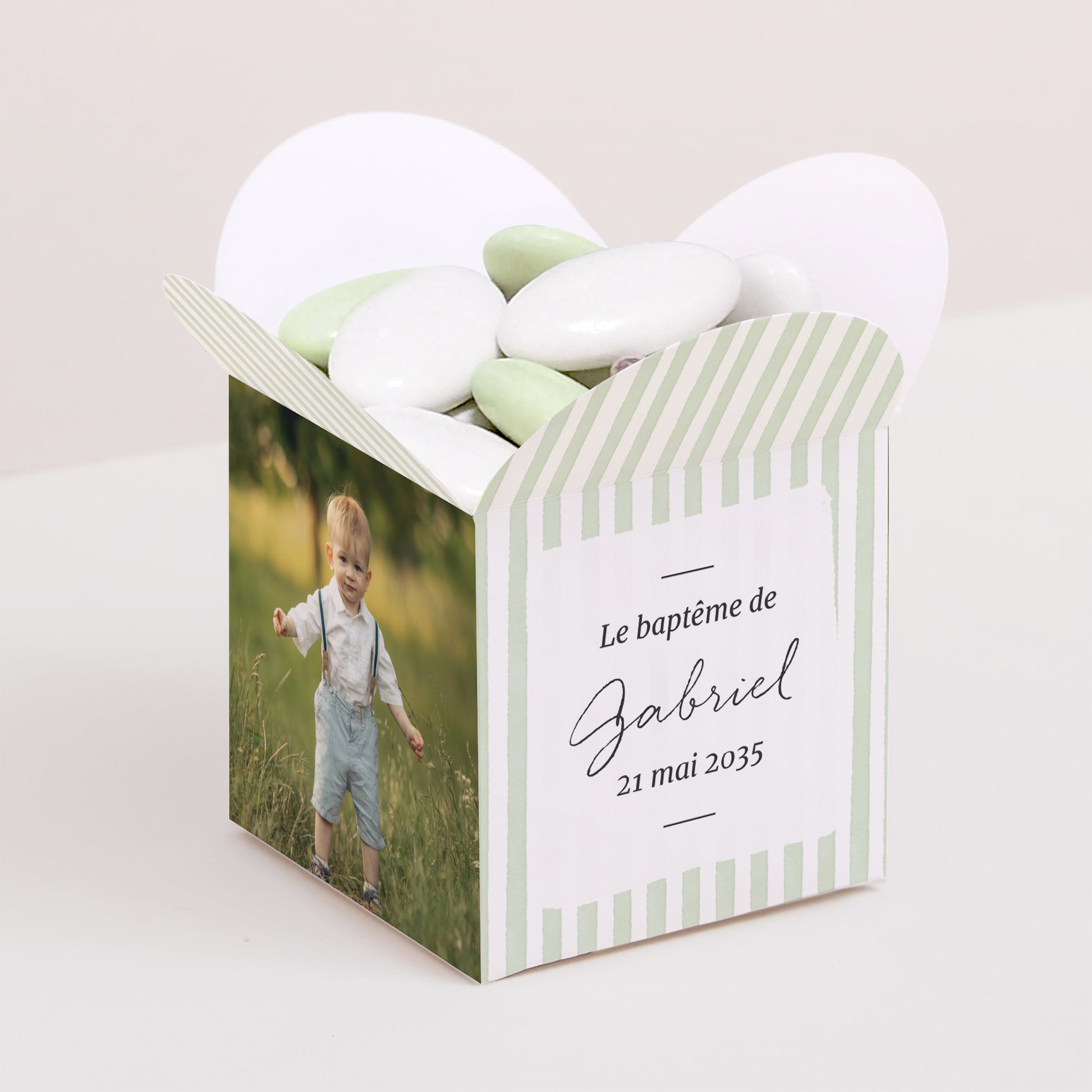 Boîte à dragées Baptême Ouverture papillon Rayures Vert d’Espérance photo N° 1