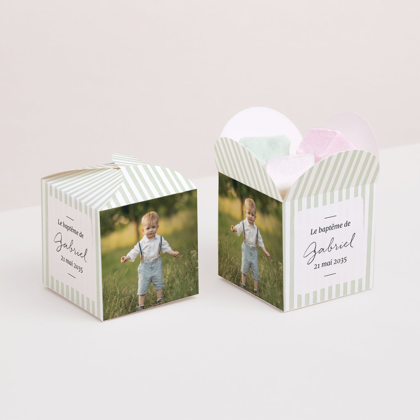 Boîte à dragées Baptême Ouverture papillon Rayures Vert d’Espérance photo N° 2