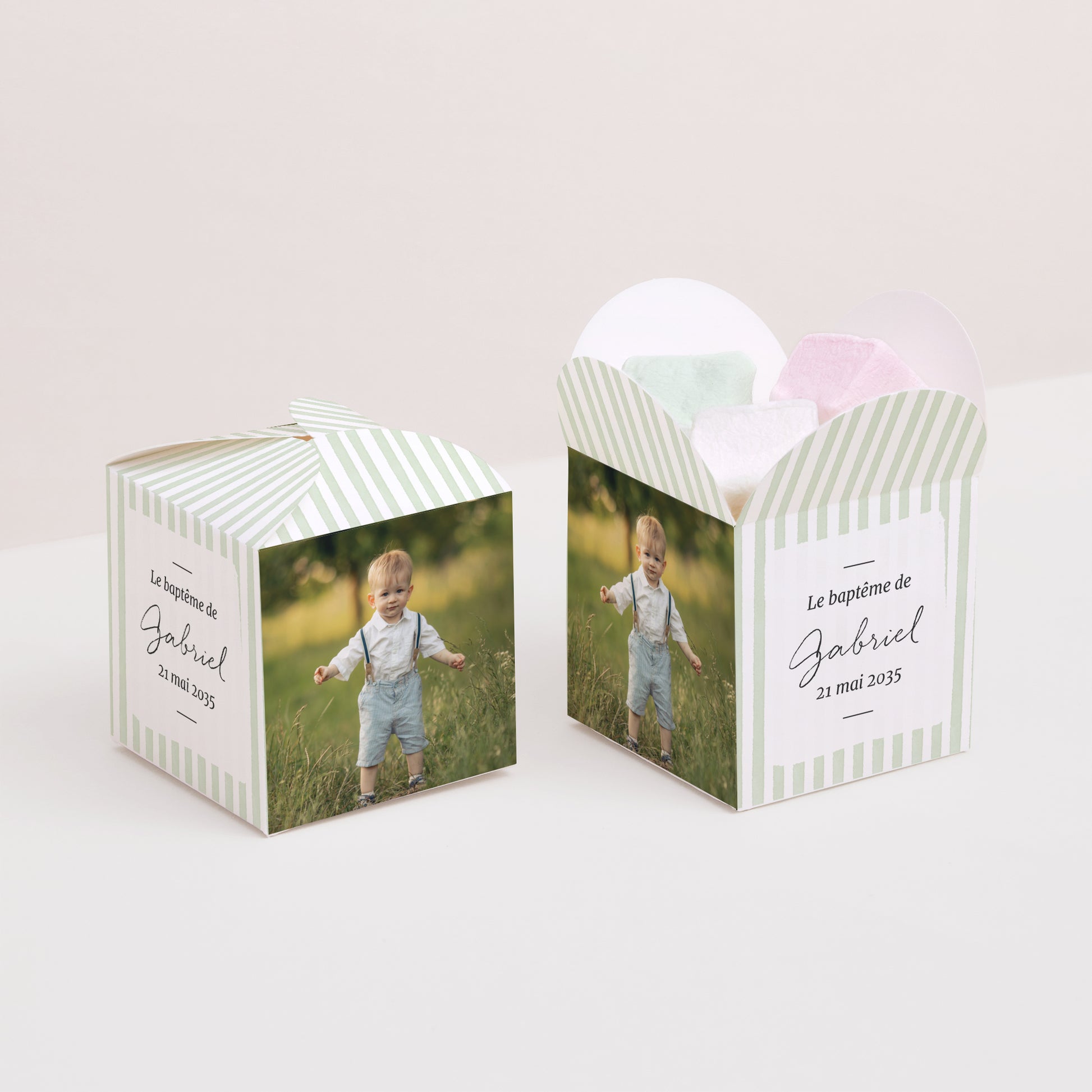 Boîte à dragées Baptême Ouverture papillon Rayures Vert d’Espérance photo N° 2