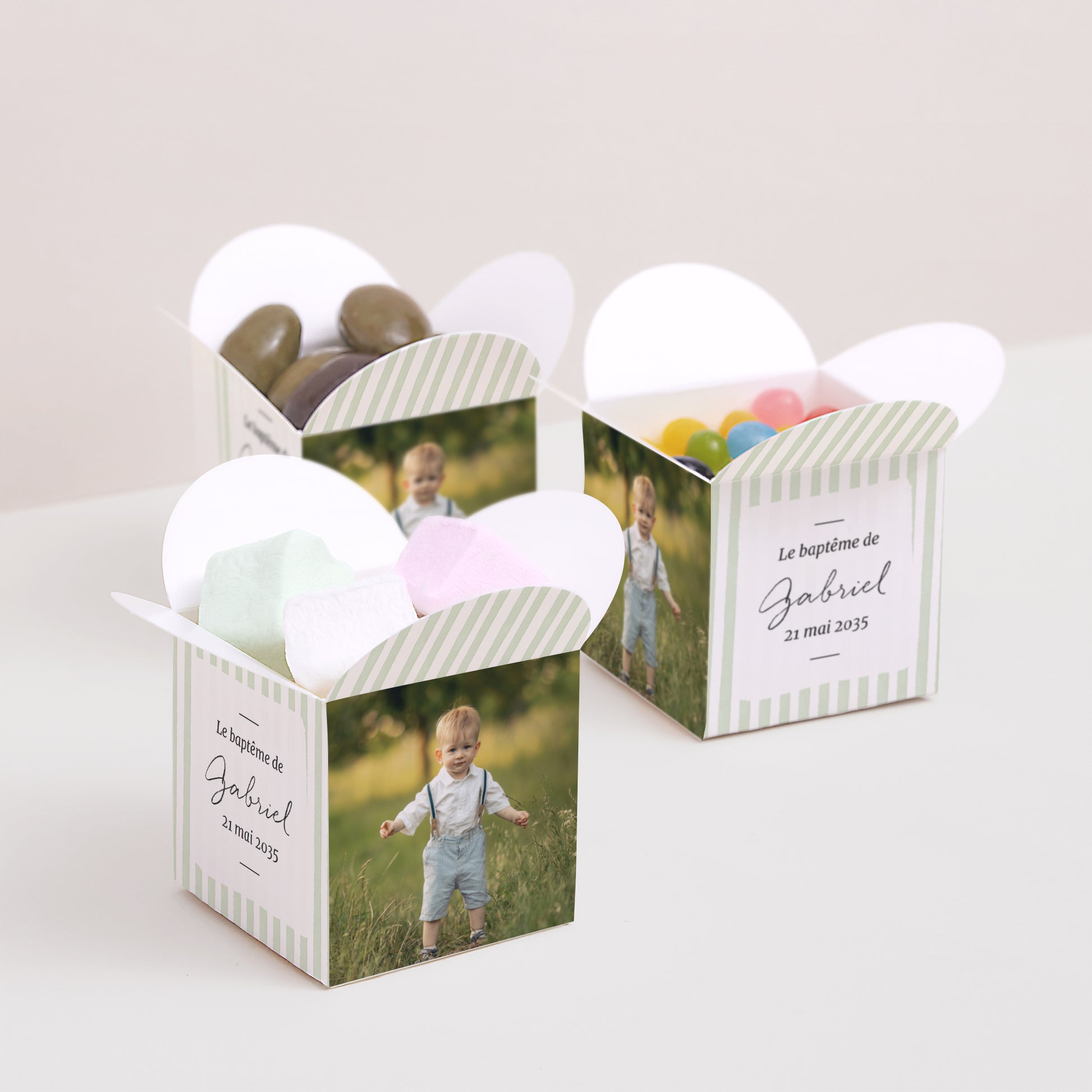 Boîte à dragées Baptême Ouverture papillon Rayures Vert d’Espérance photo N° 3