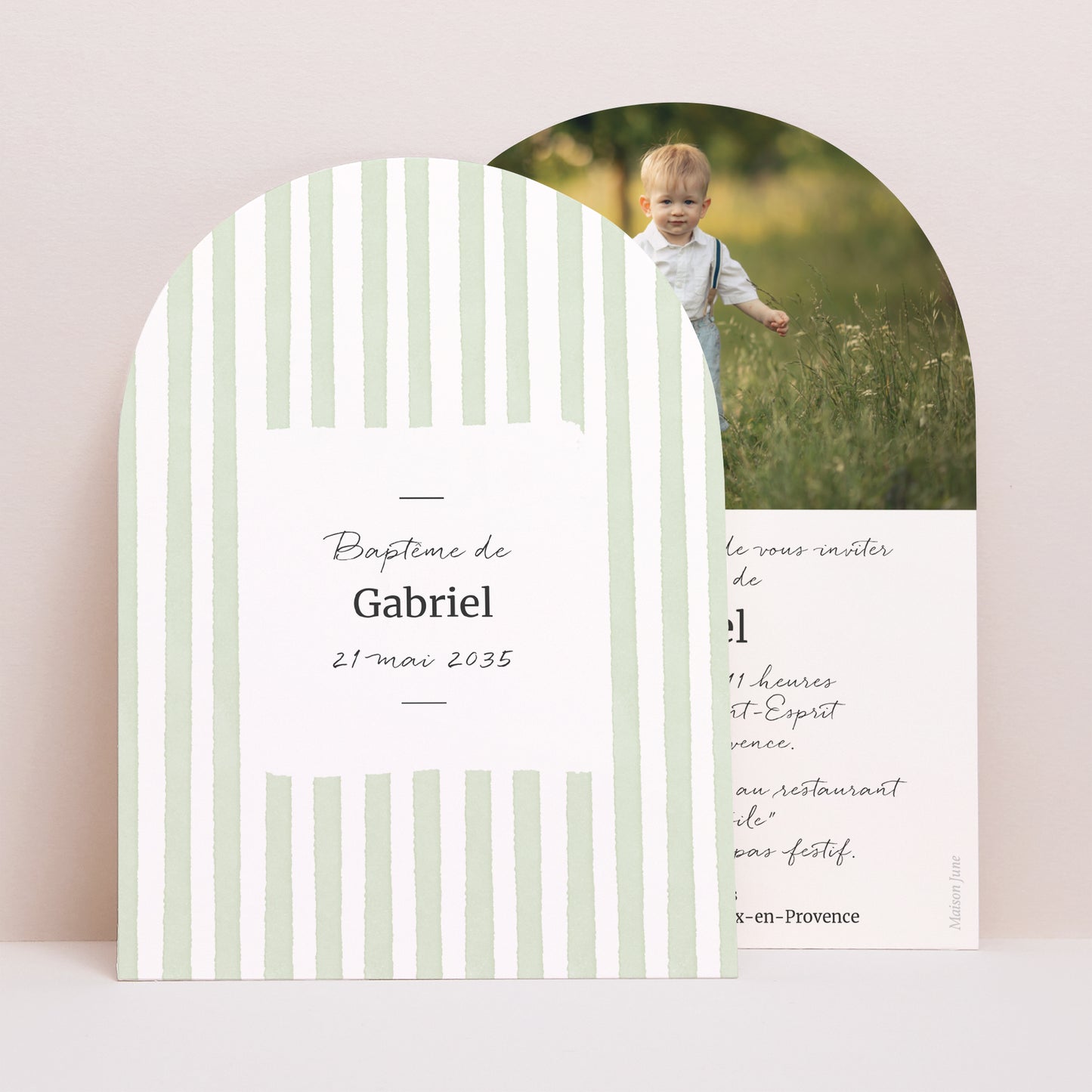 Faire-part Baptême Petite arche Rayures Vert d’Espérance photo N° 1