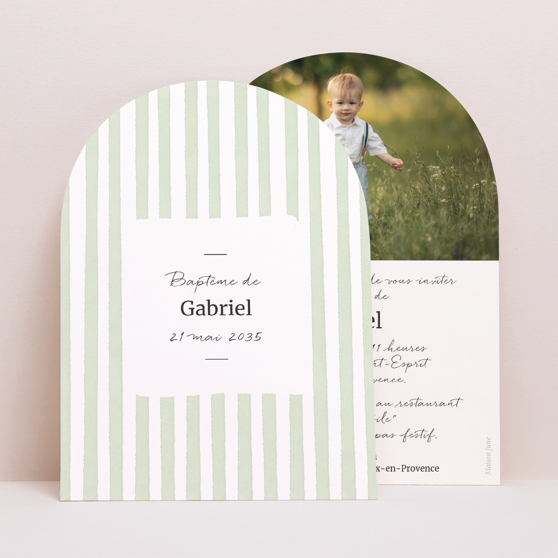 Faire-part Baptême Petite arche Rayures Vert d’Espérance photo N° 1