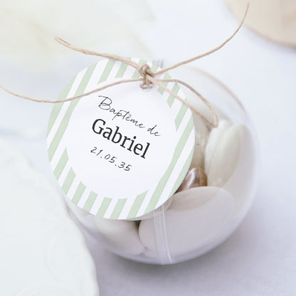 Boîte à dragées Baptême boule avec étiquette ronde Rayures Vert d’Espérance photo N° 1