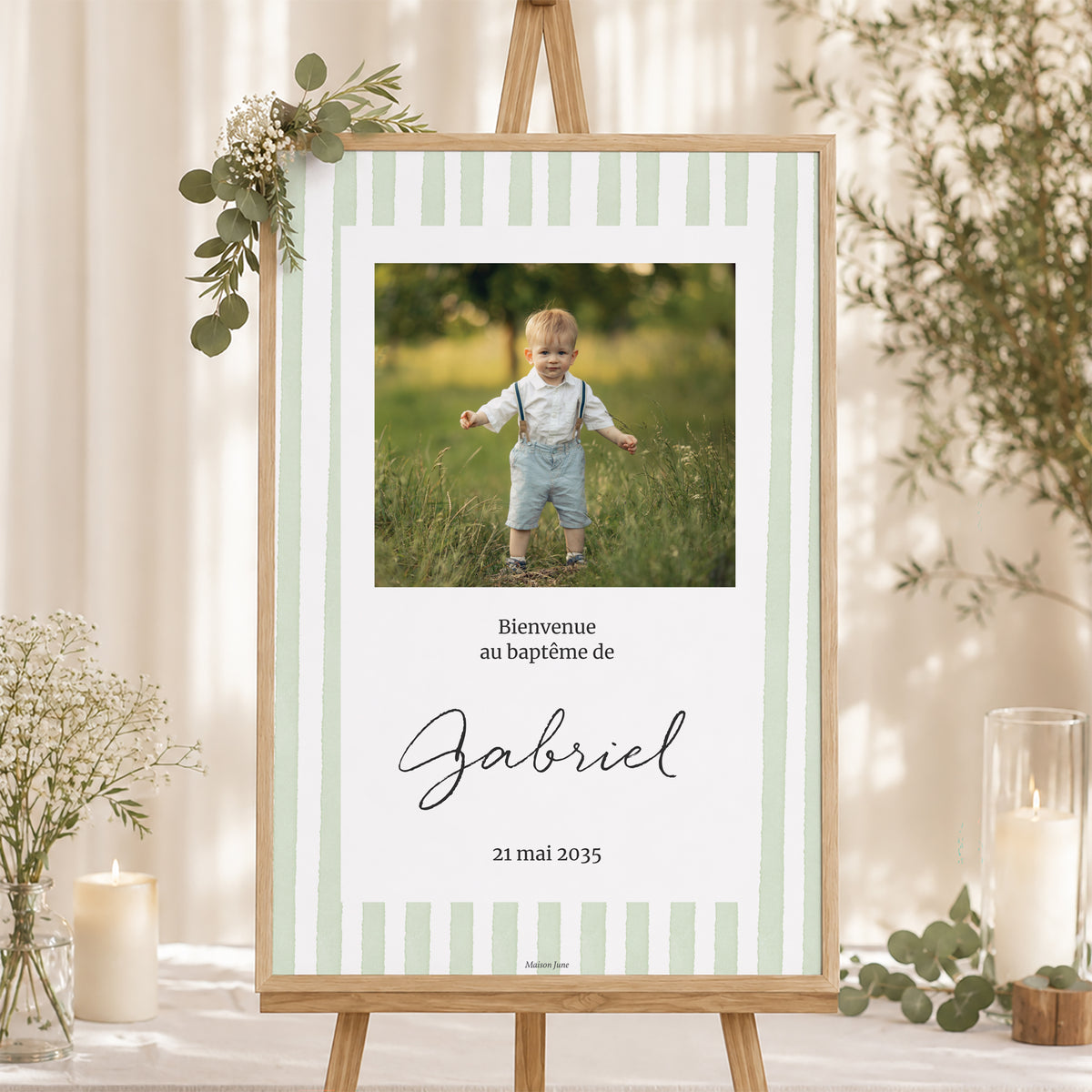 Panneau bienvenue Baptême Portrait 60 x 90 cm Rayures Vert d’Espérance photo N° 1