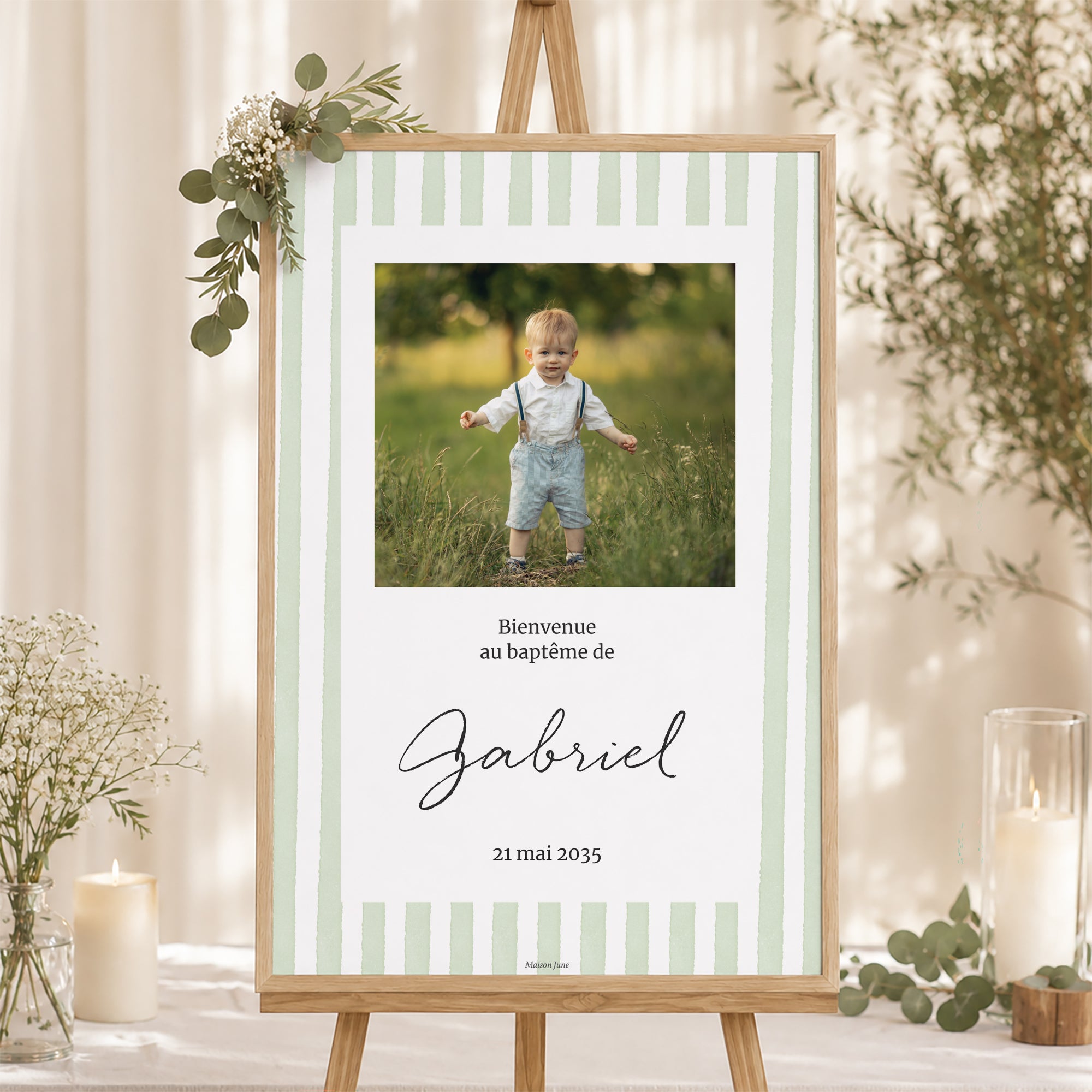 Panneau bienvenue Baptême Portrait 60 x 90 cm Rayures Vert d’Espérance photo N° 1