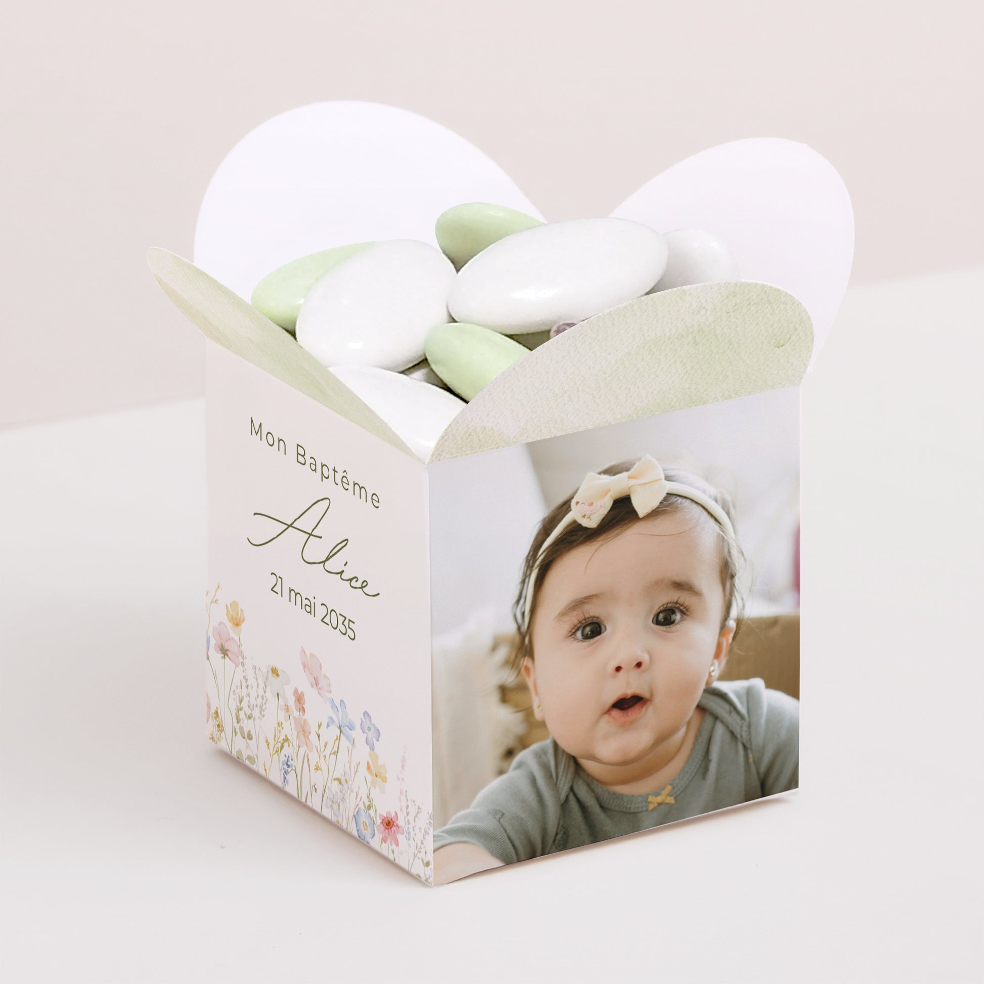 Boîte à dragées Baptême Ouverture papillon Baptême champêtre photo N° 1