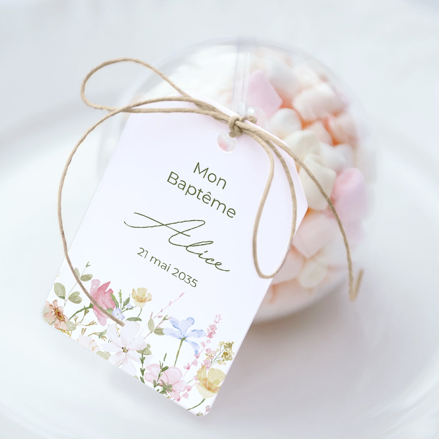 Boîte à dragées Baptême boule avec étiquette fanion Baptême champêtre photo N° 1