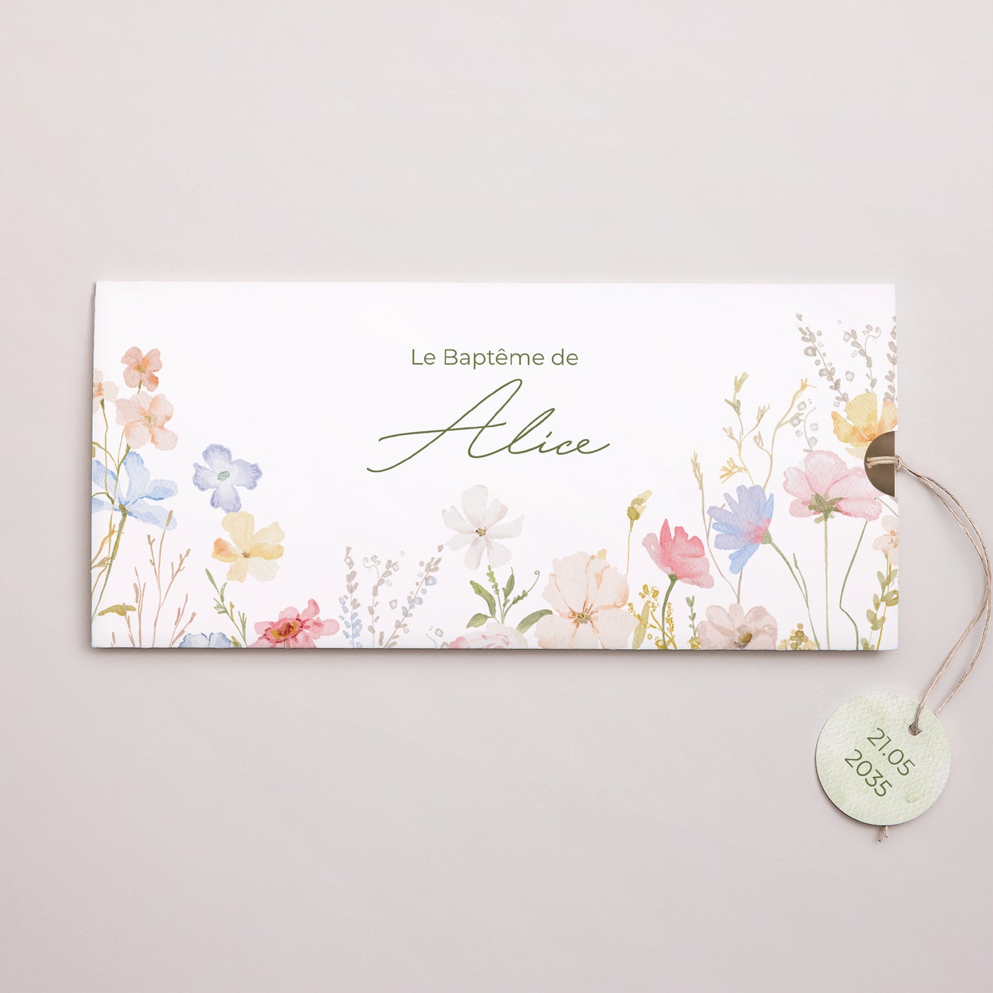 Faire-part Baptême Pochette 2 cartes, étiquette Baptême champêtre photo N° 1