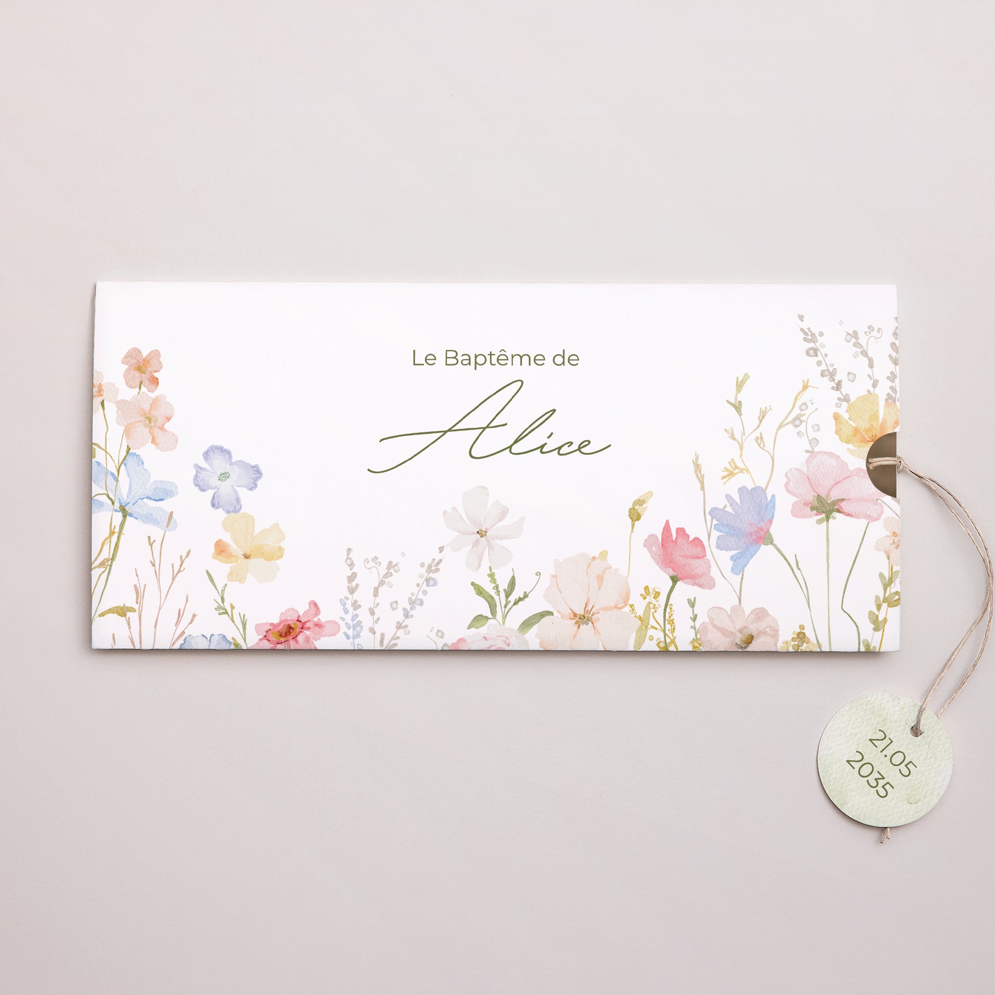 Faire-part Baptême Pochette 2 cartes, étiquette Baptême champêtre photo N° 1