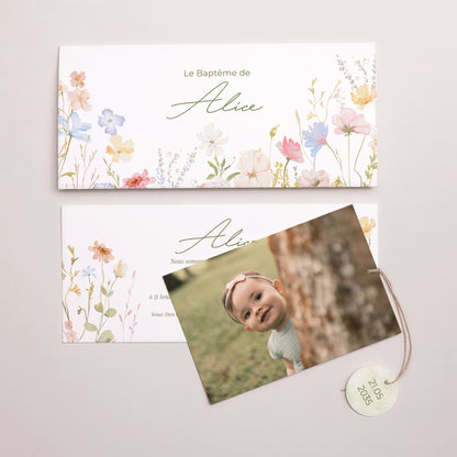 Faire-part Baptême Pochette 2 cartes, étiquette Baptême champêtre photo N° 3