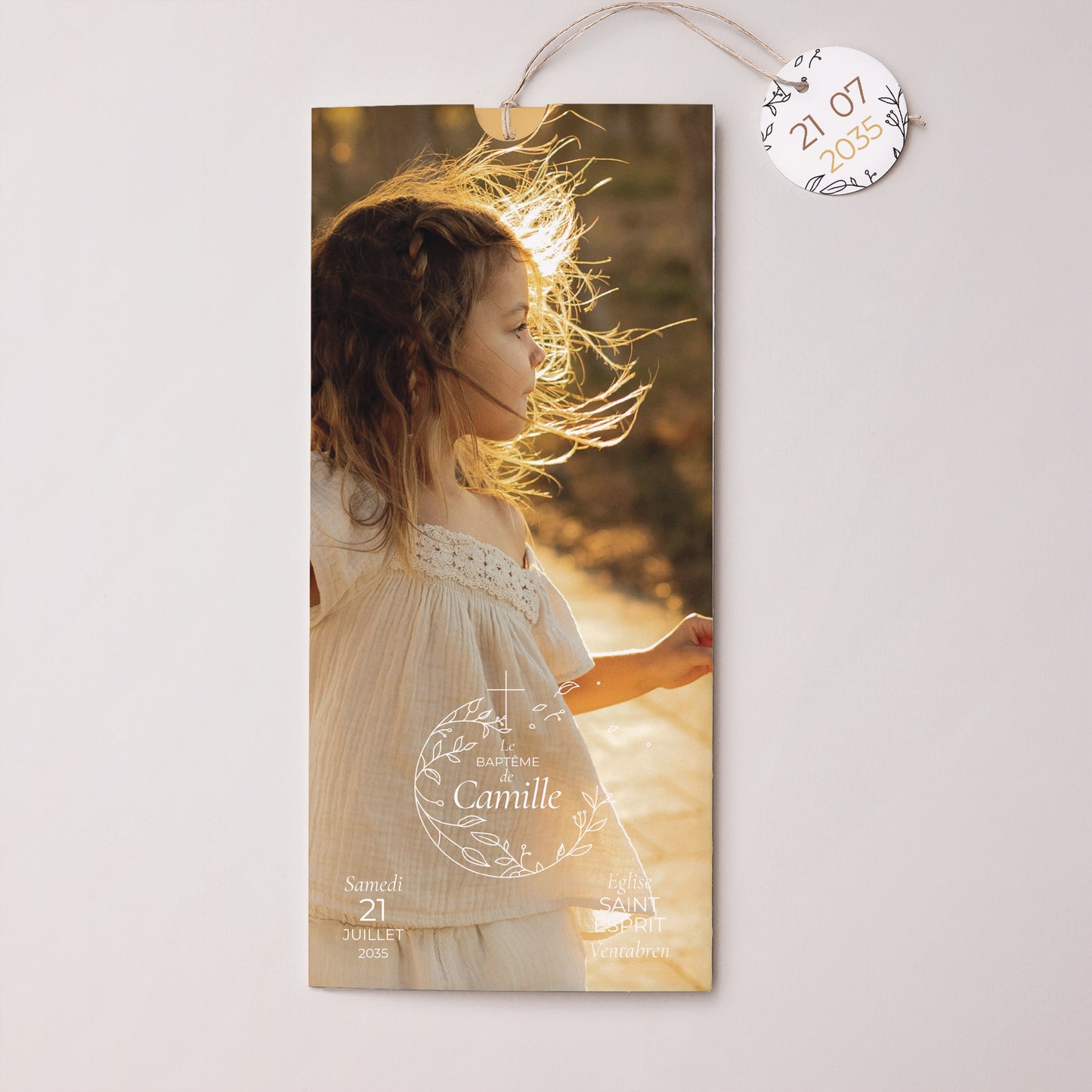 Faire-part Baptême Pochette portrait 2 cartes, étiquette Son baptême photo N° 1