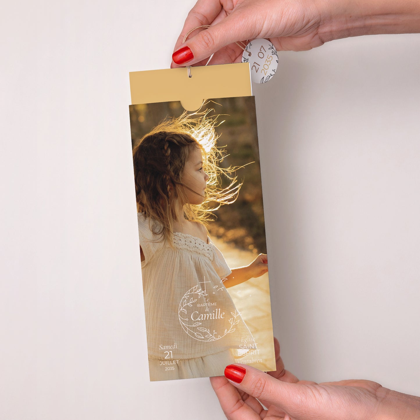 Faire-part Baptême Pochette portrait 2 cartes, étiquette Son baptême photo N° 2