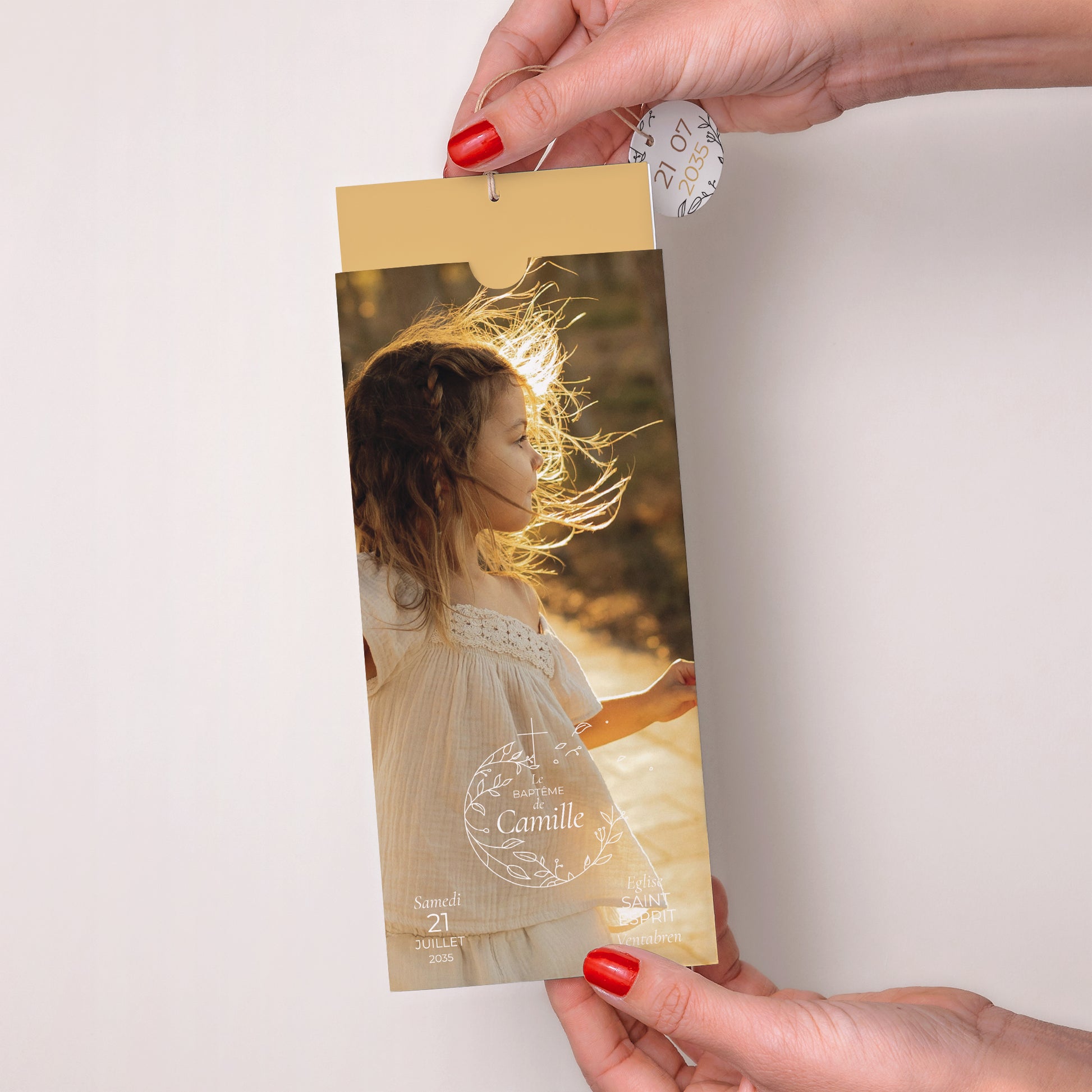 Faire-part Baptême Pochette portrait 2 cartes, étiquette Son baptême photo N° 2