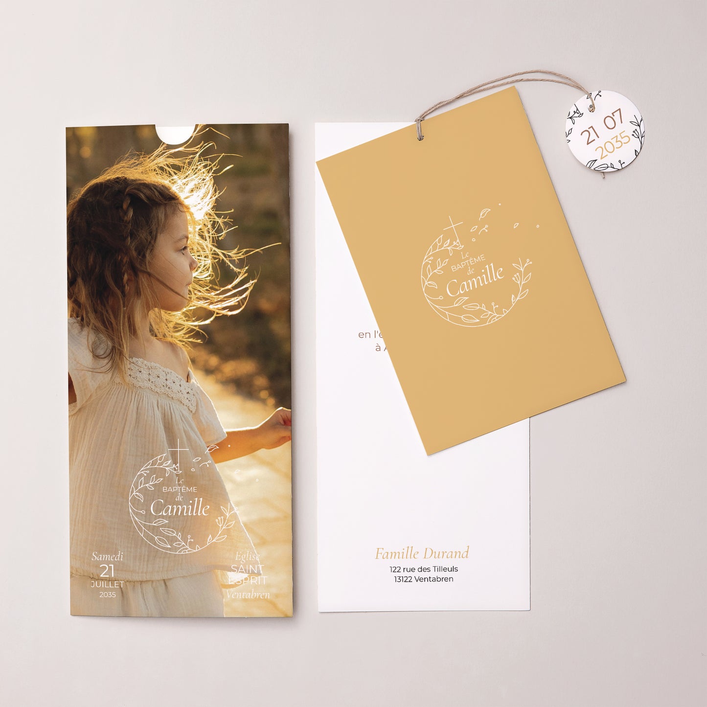 Faire-part Baptême Pochette portrait 2 cartes, étiquette Son baptême photo N° 3