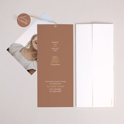 Faire-part Baptême Pochette portrait 2 cartes, étiquette Son baptême photo N° 4