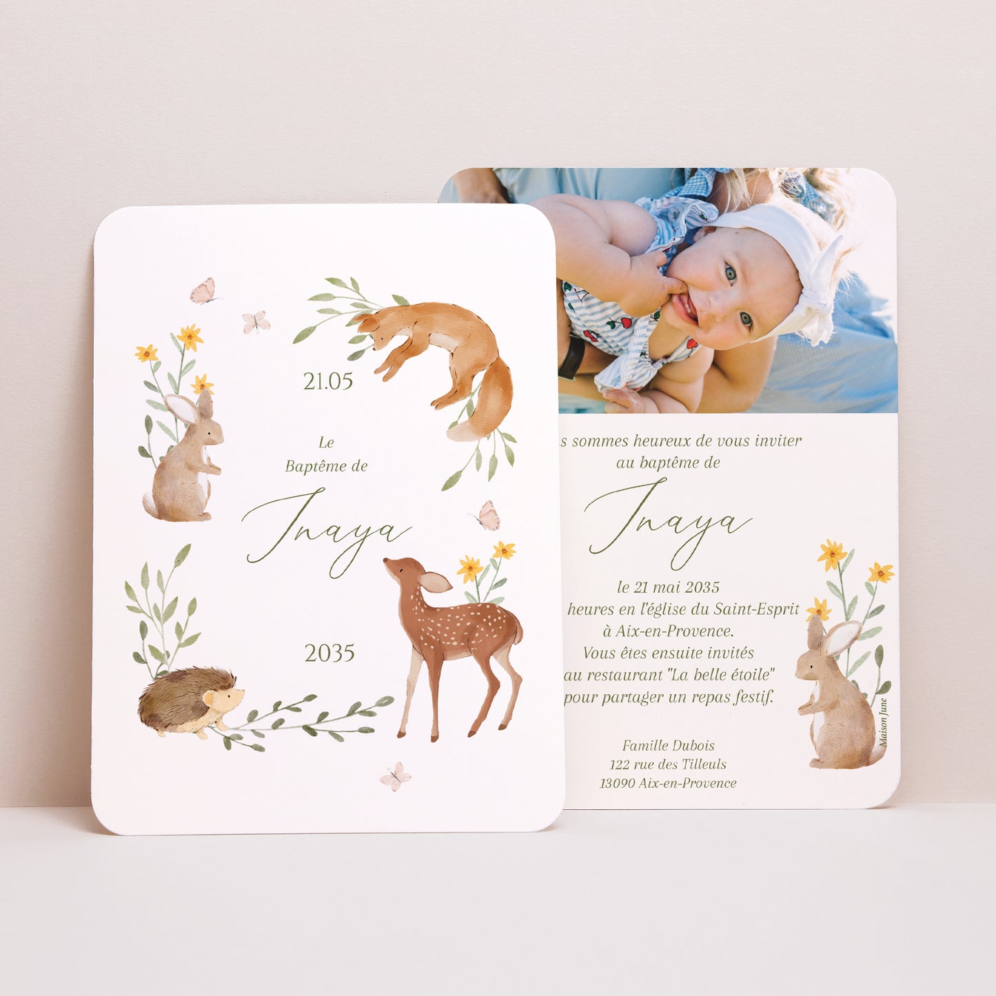 Faire-part Baptême Portrait, bords arrondis Le Baptême dans la Forêt photo N° 1