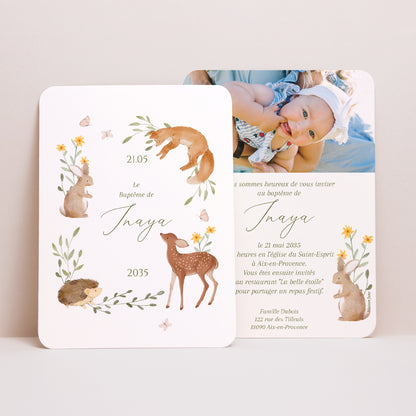 Faire-part Baptême Portrait, bords arrondis Le Baptême dans la Forêt photo N° 1