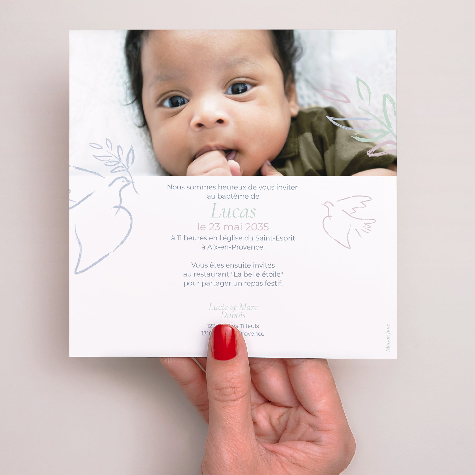 Faire-part Baptême Simple carré Douce Colombe photo N° 3
