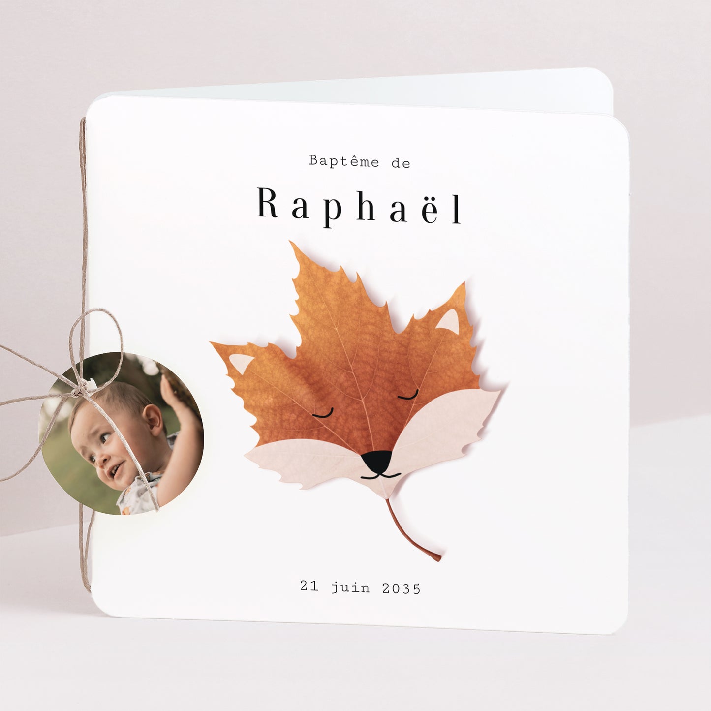 Faire-part Baptême Carré double volet, coins arrondis, étiquette ronde Bénédiction d’Automne photo N° 1