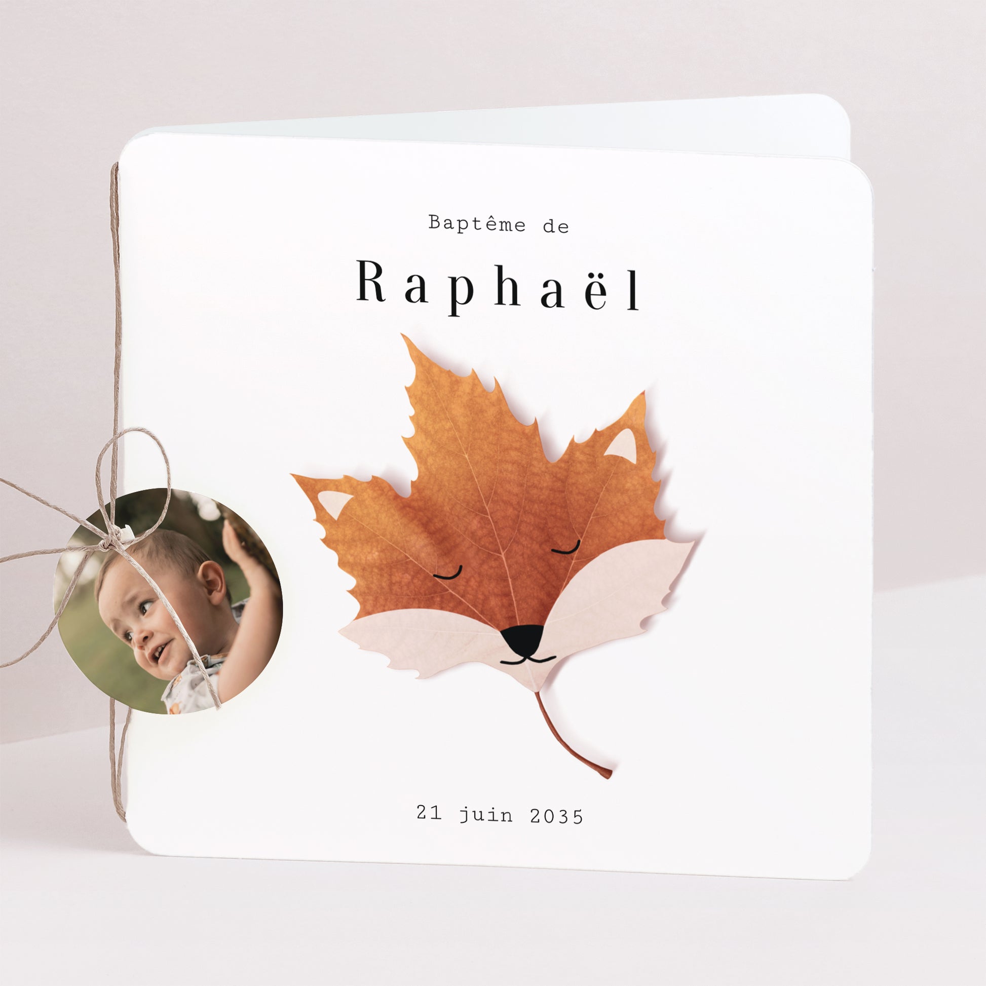 Faire-part Baptême Carré double volet, coins arrondis, étiquette ronde Bénédiction d’Automne photo N° 1