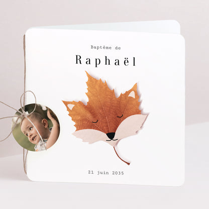 Faire-part Baptême Carré double volet, coins arrondis, étiquette ronde Bénédiction d’Automne photo N° 1