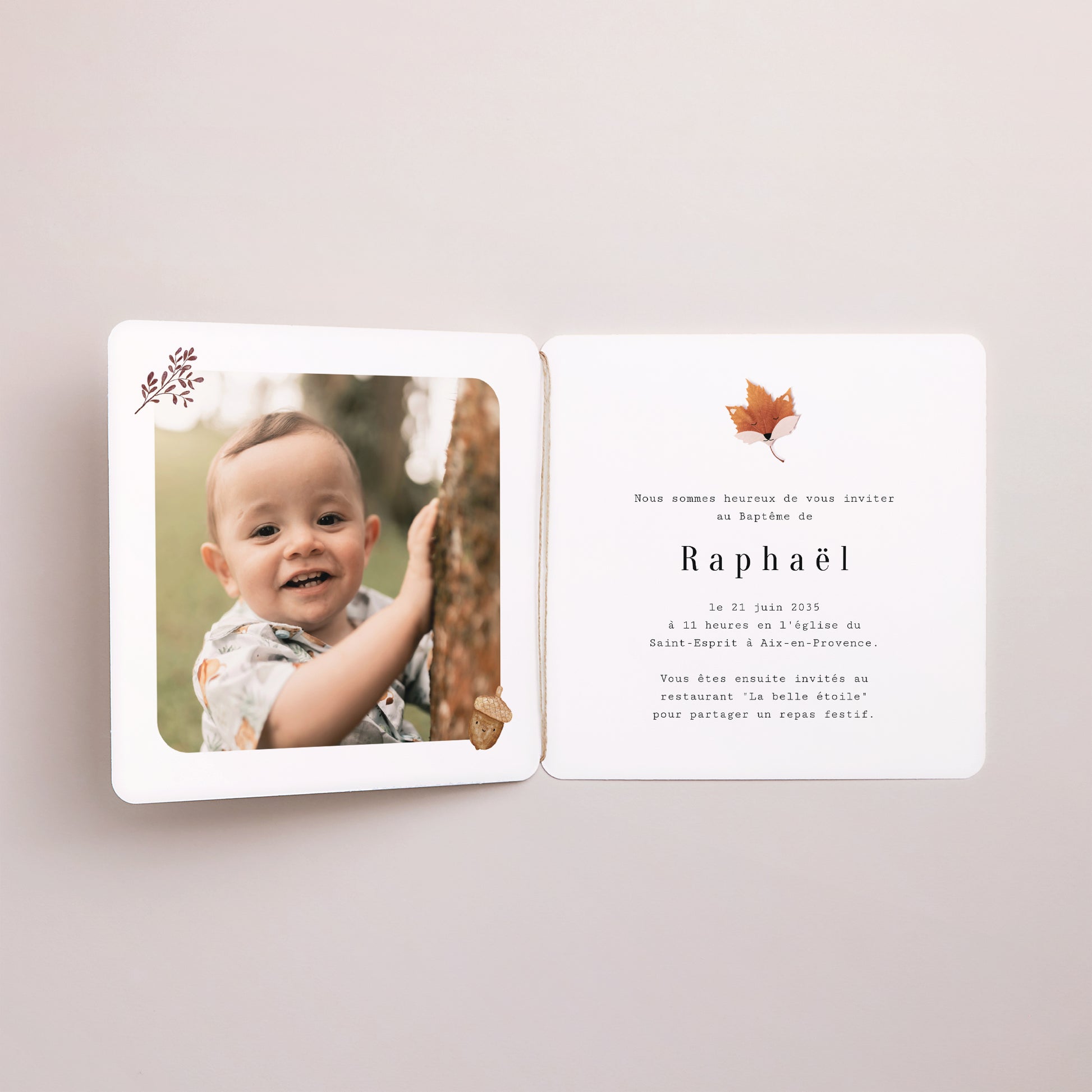 Faire-part Baptême Carré double volet, coins arrondis, étiquette ronde Bénédiction d’Automne photo N° 2