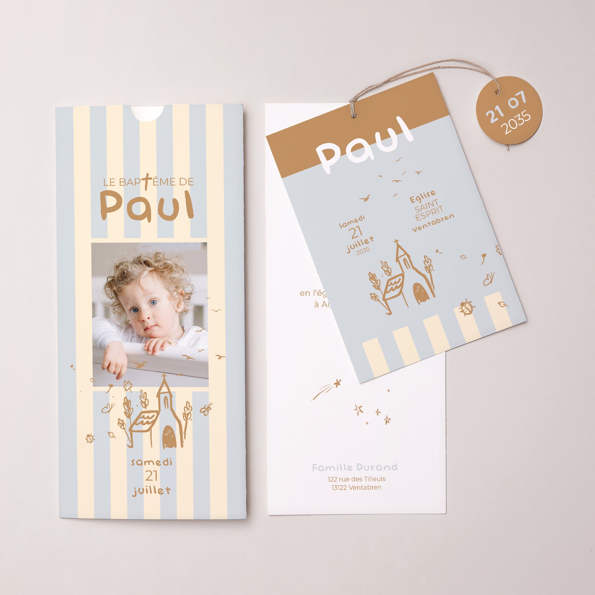 Faire-part Baptême Pochette portrait 2 cartes, étiquette Jour Précieux photo N° 3