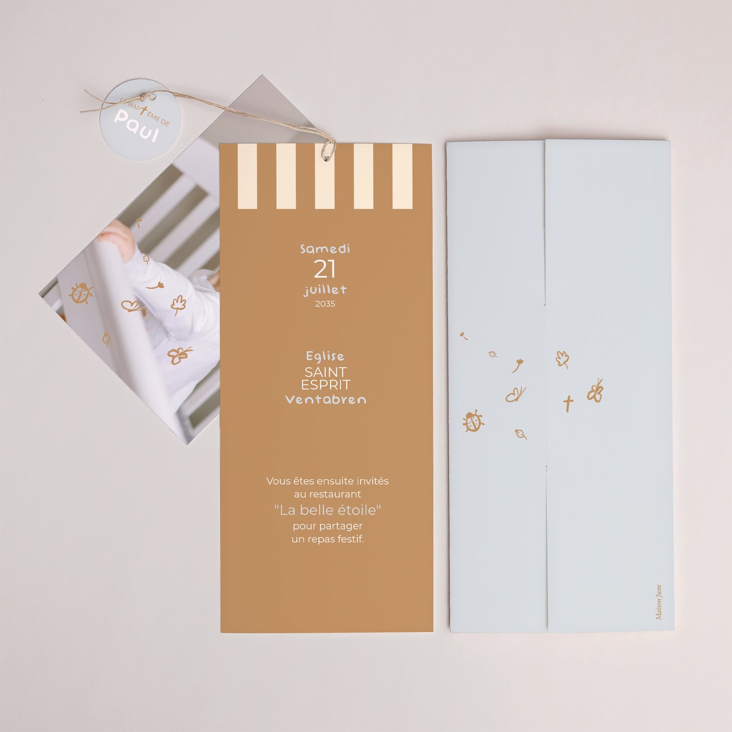 Faire-part Baptême Pochette portrait 2 cartes, étiquette Jour Précieux photo N° 4