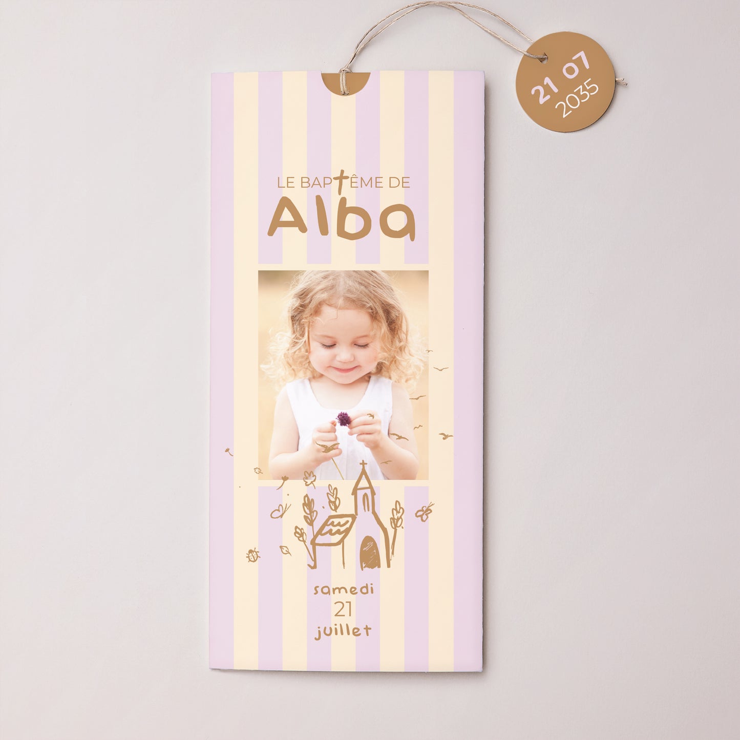 Faire-part Baptême Pochette portrait 2 cartes, étiquette Précieuse journée photo N° 1