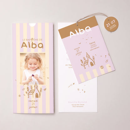 Faire-part Baptême Pochette portrait 2 cartes, étiquette Précieuse journée photo N° 3