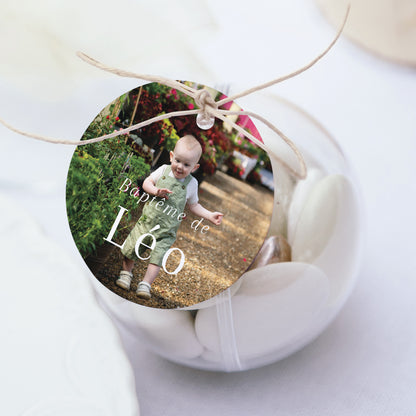Boîte à dragées Baptême boule avec étiquette ronde Instantané Sacré photo N° 1