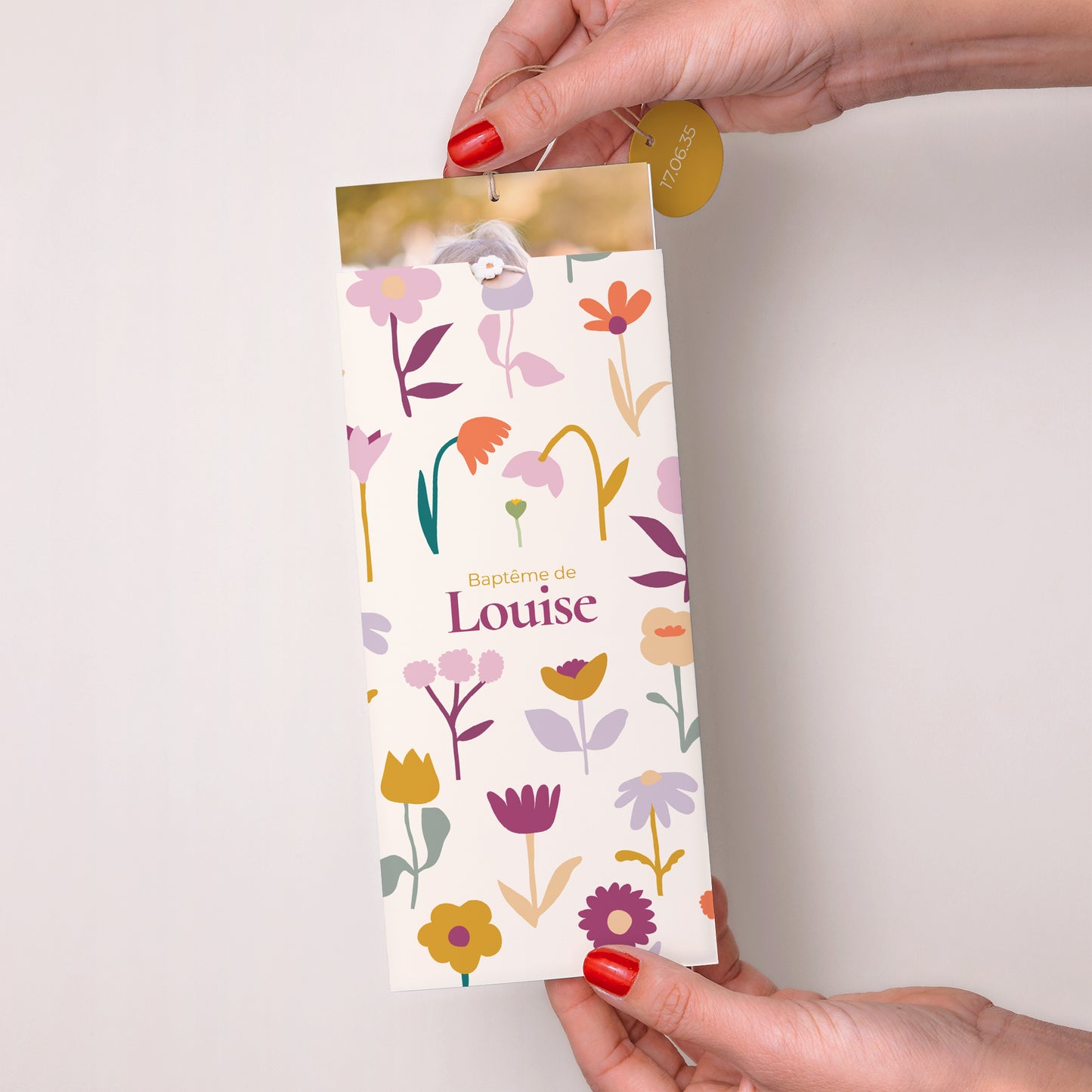 Faire-part Baptême Pochette portrait 2 cartes, étiquette Bourgeons de Joie photo N° 2