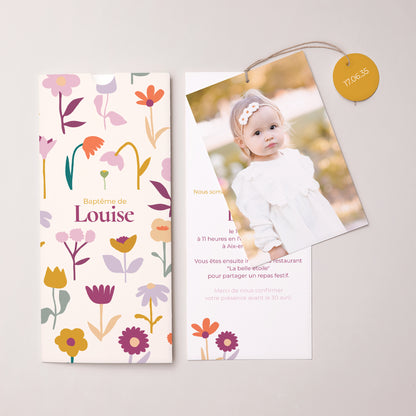 Faire-part Baptême Pochette portrait 2 cartes, étiquette Bourgeons de Joie photo N° 3