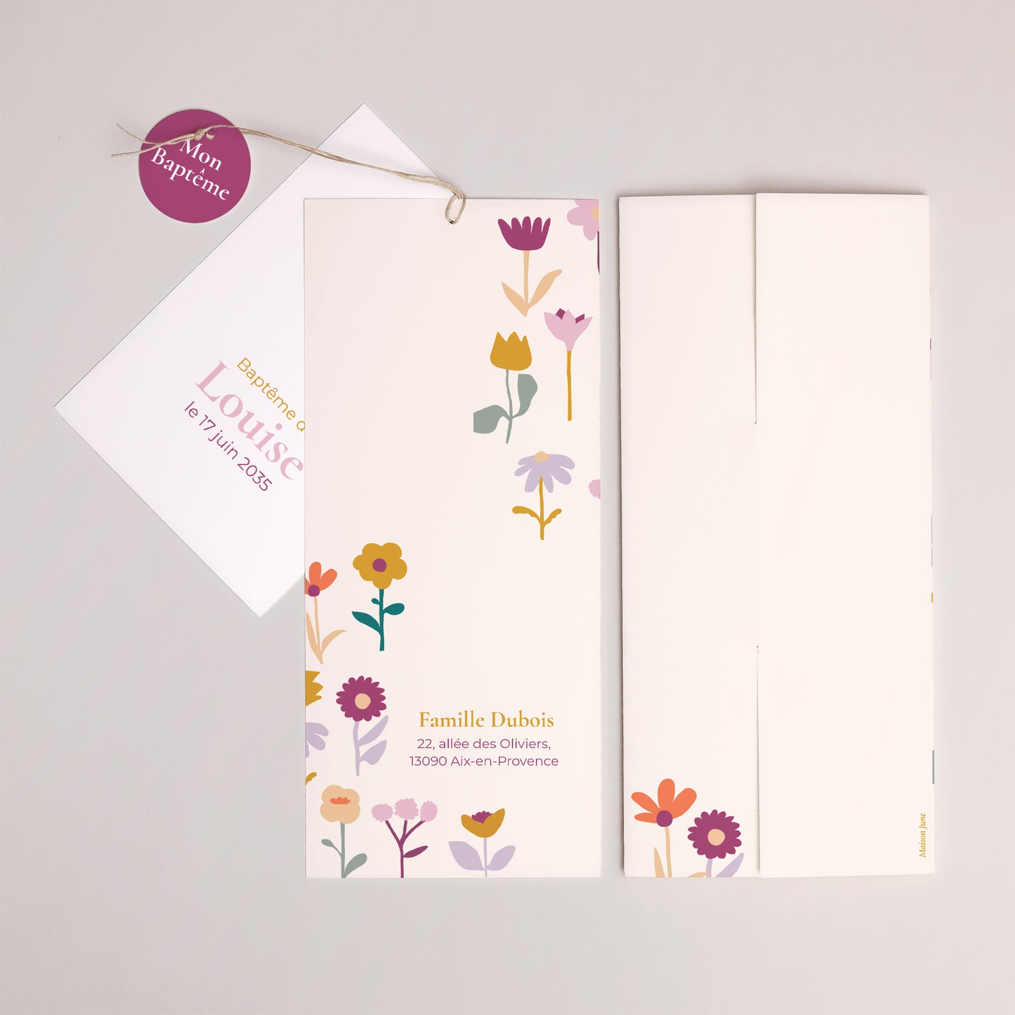 Faire-part Baptême Pochette portrait 2 cartes, étiquette Bourgeons de Joie photo N° 4