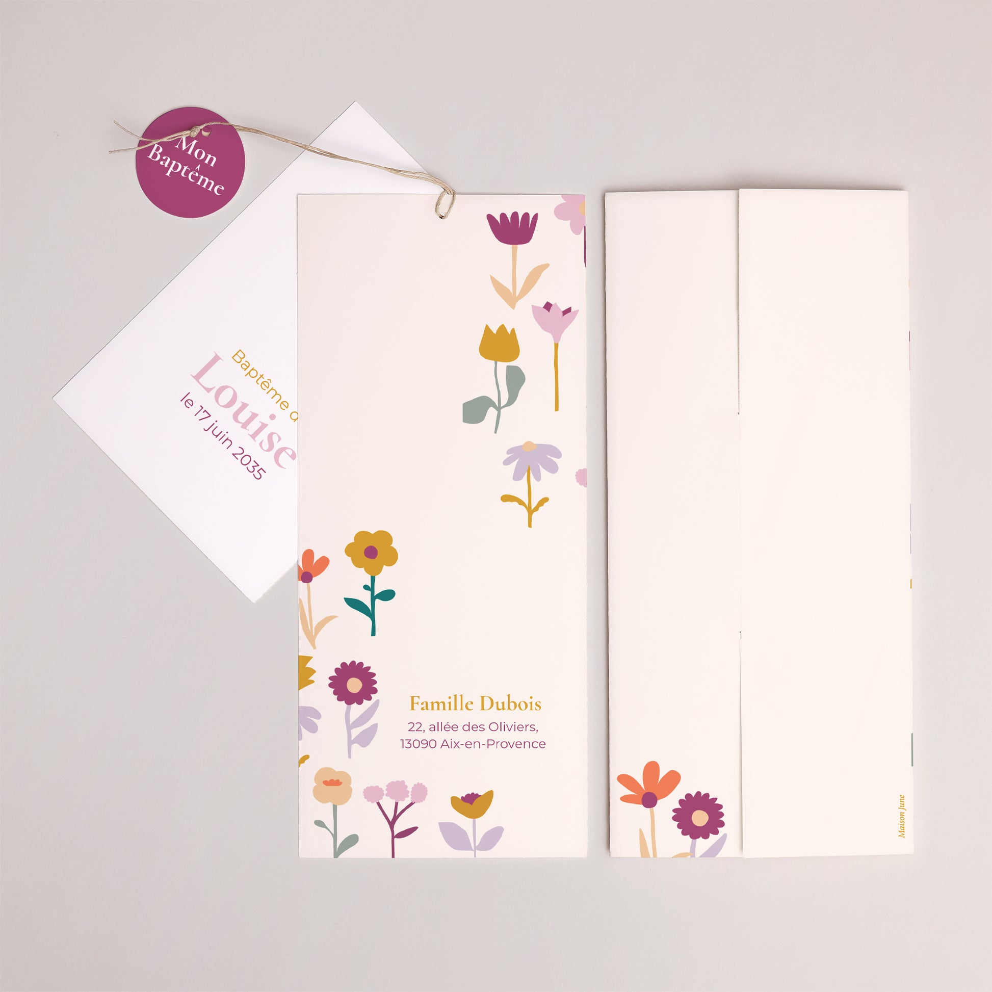 Faire-part Baptême Pochette portrait 2 cartes, étiquette Bourgeons de Joie photo N° 4