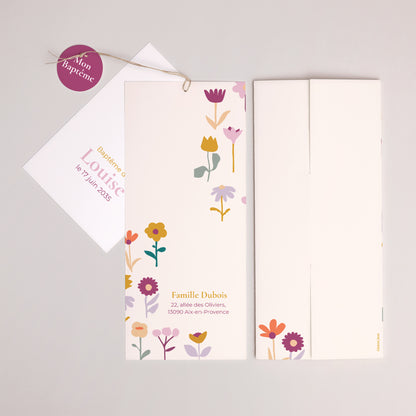 Faire-part Baptême Pochette portrait 2 cartes, étiquette Bourgeons de Joie photo N° 4