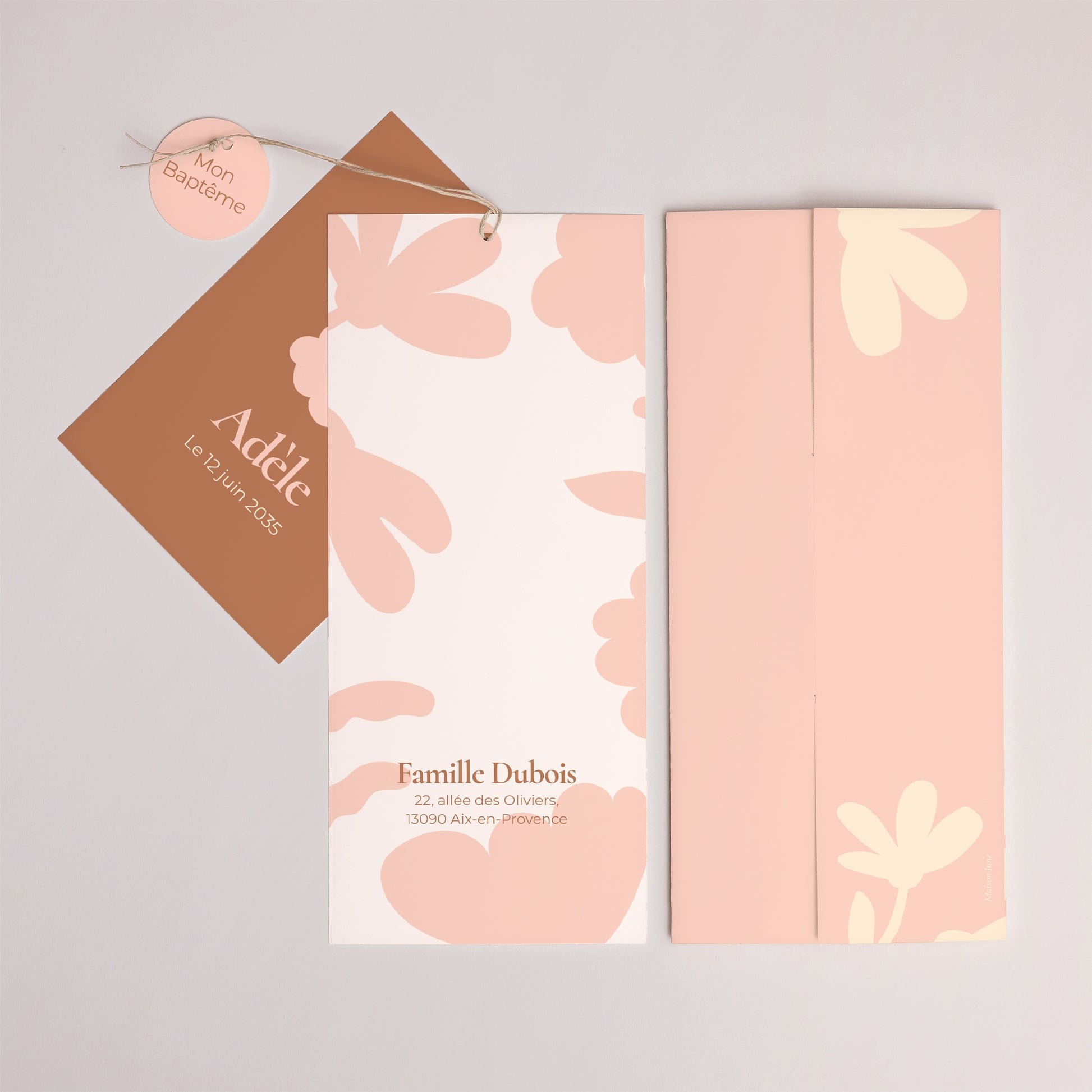 Faire-part Baptême Pochette portrait 2 cartes, étiquette Baptême en Fleurs photo N° 4