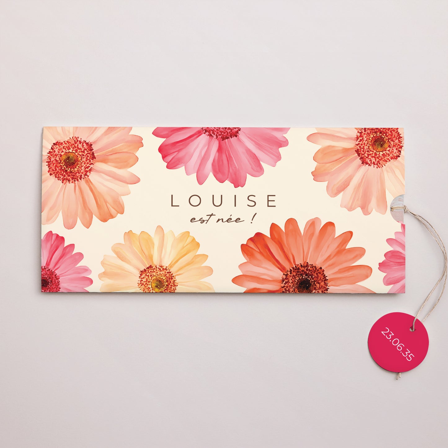 Faire-part Naissance Pochette 2 cartes, étiquette Un Cœur en Fleurs photo N° 1