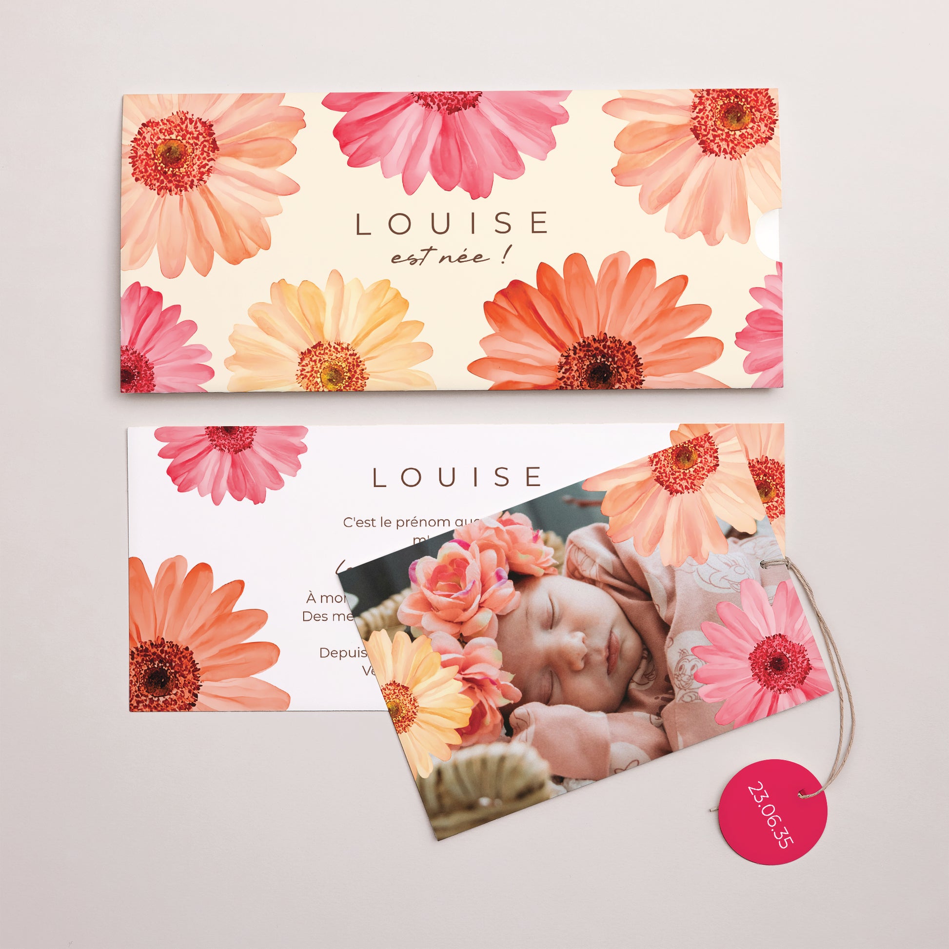 Faire-part Naissance Pochette 2 cartes, étiquette Un Cœur en Fleurs photo N° 3