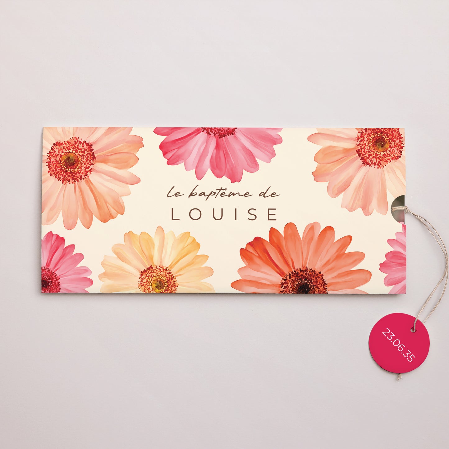 Faire-part Baptême Pochette 2 cartes, étiquette Pétales de Grâce photo N° 1