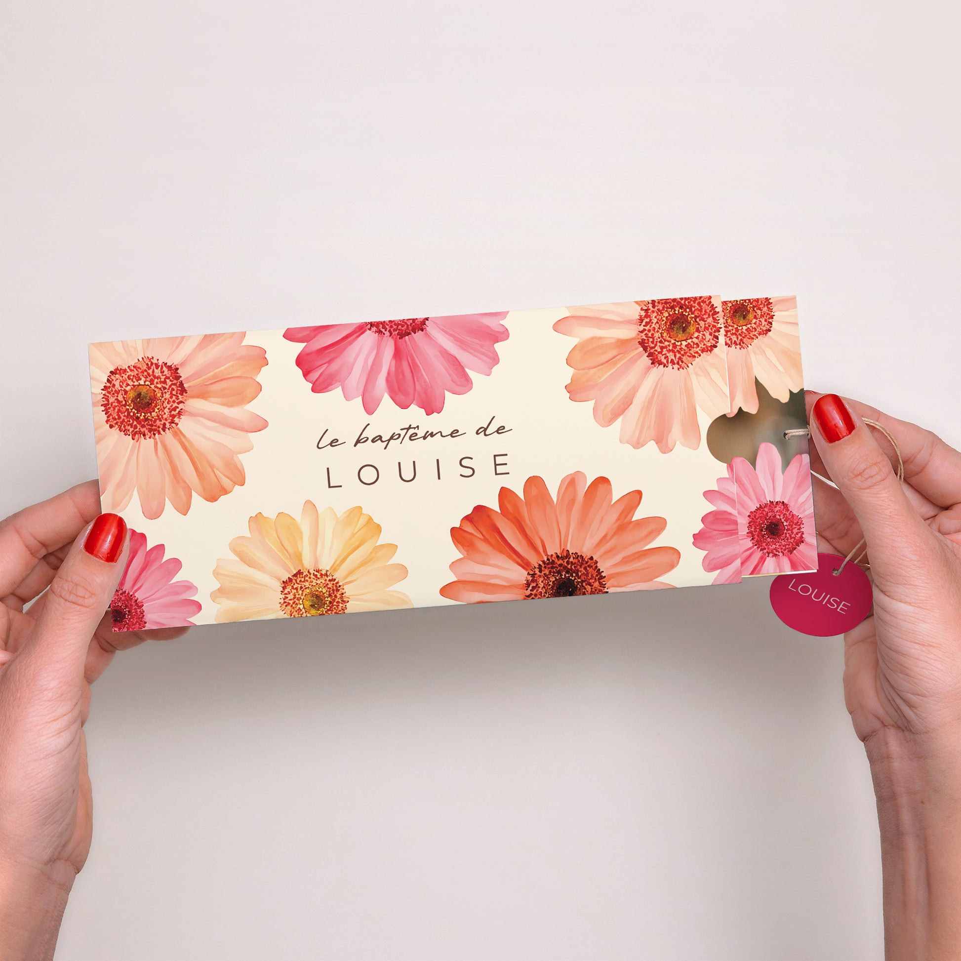 Faire-part Baptême Pochette 2 cartes, étiquette Pétales de Grâce photo N° 2