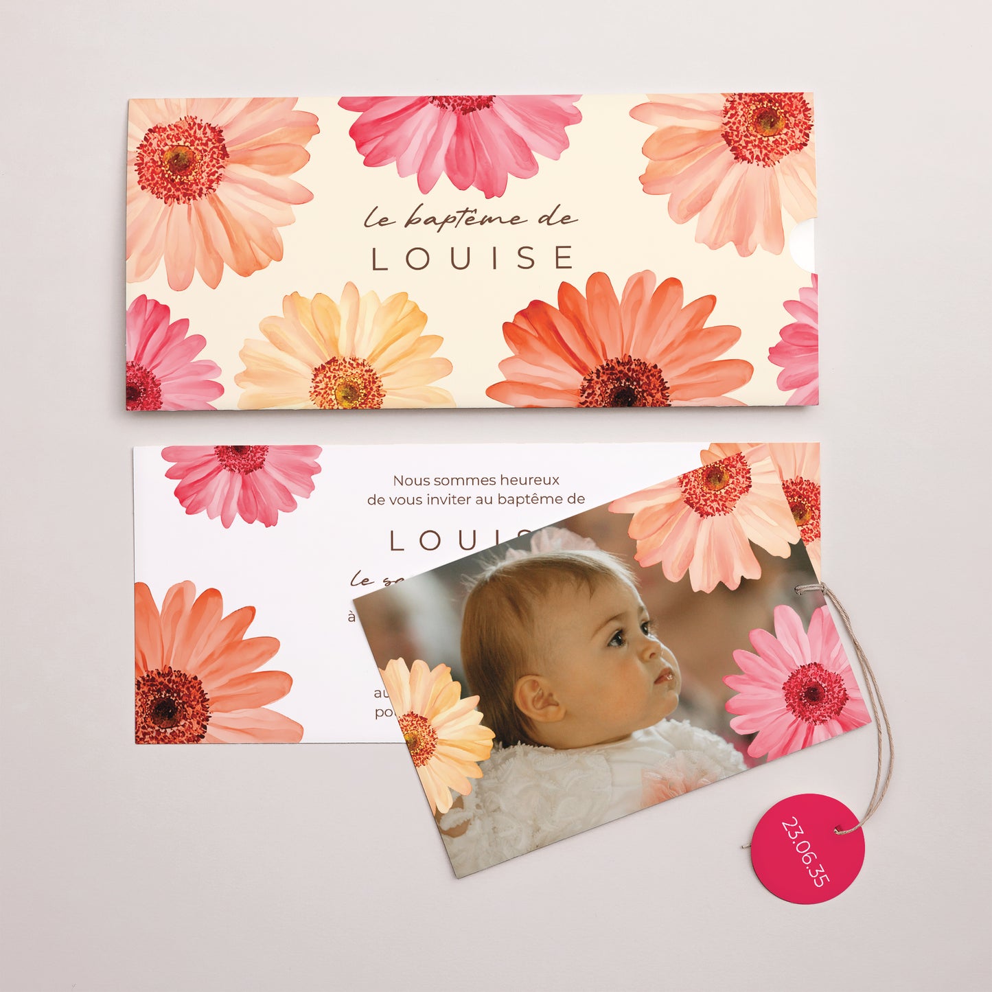 Faire-part Baptême Pochette 2 cartes, étiquette Pétales de Grâce photo N° 3